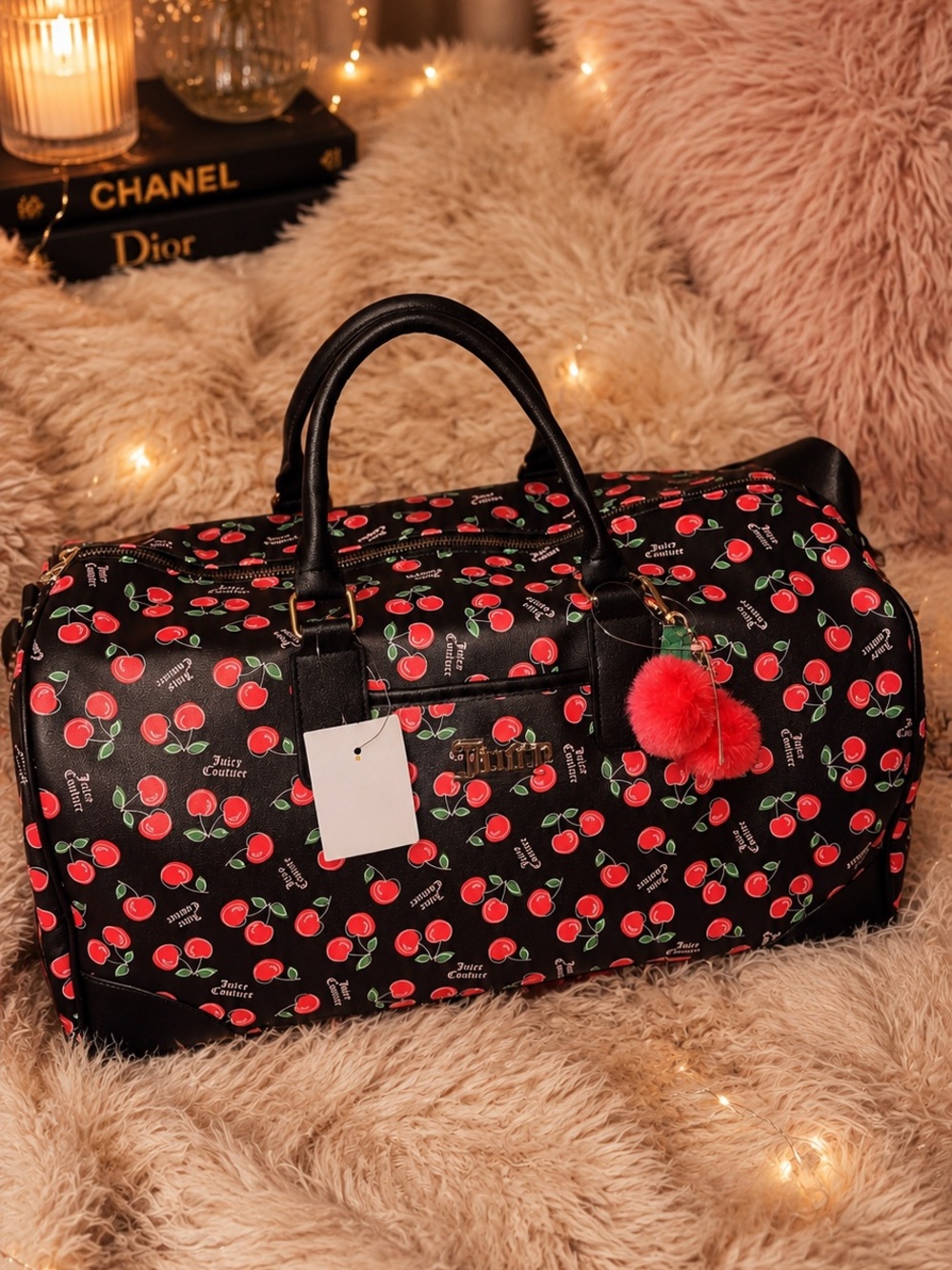 Juicy Couture Black Cherry Print Travel Duffel with Red Pom Pom
